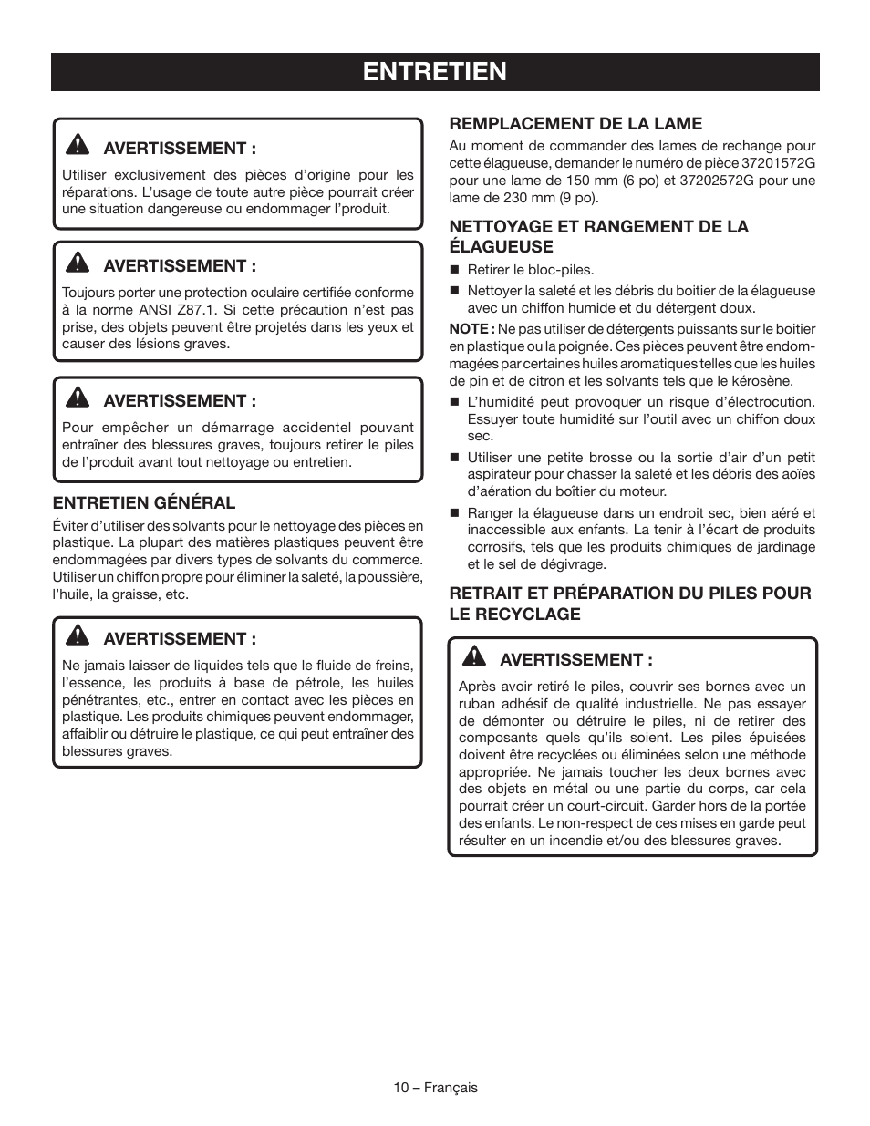 Entretien | Ryobi P560 User Manual | Page 21 / 34