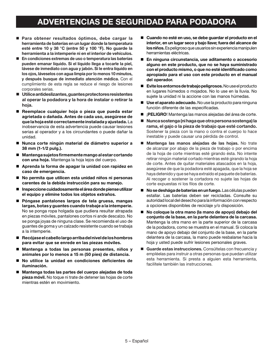 Advertencias de seguridad para podadora | Ryobi P560 User Manual | Page 25 / 34