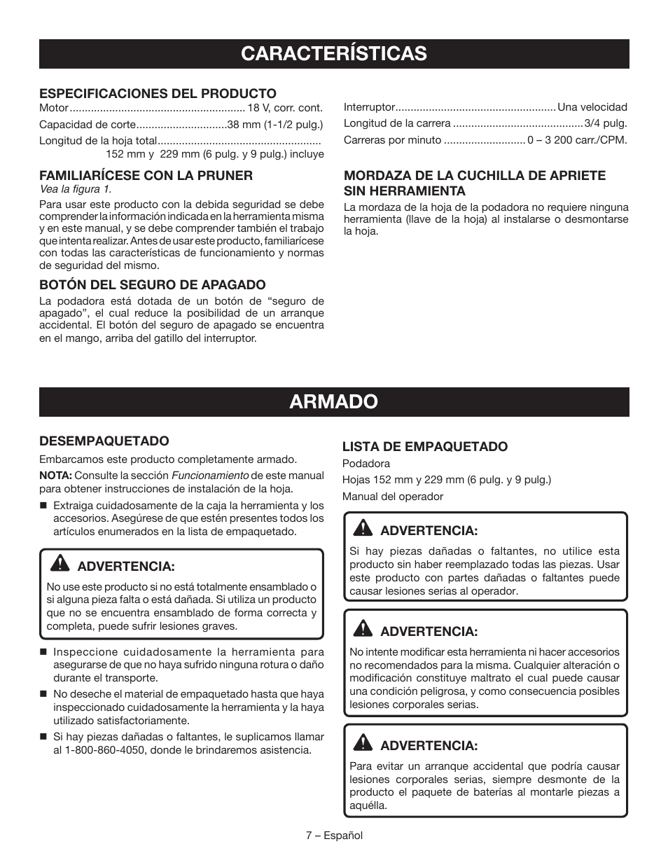 Características, Armado | Ryobi P560 User Manual | Page 27 / 34