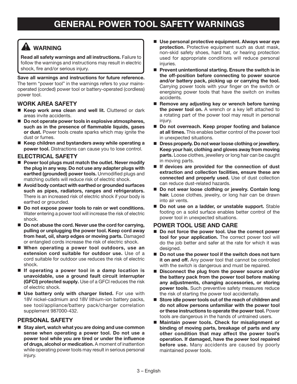 General power tool safety warnings | Ryobi P560 User Manual | Page 5 / 34