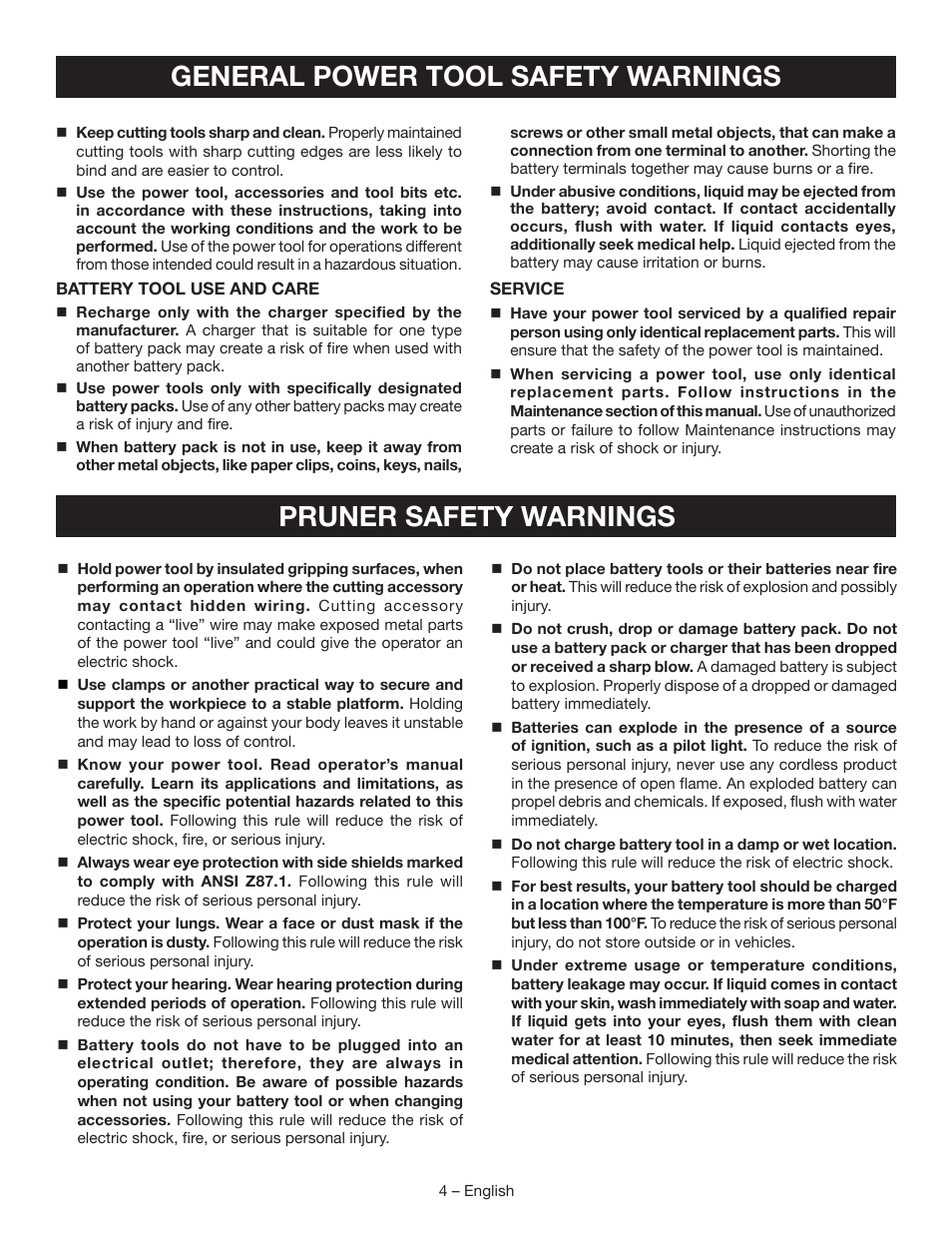 General power tool safety warnings, Pruner safety warnings | Ryobi P560 User Manual | Page 6 / 34