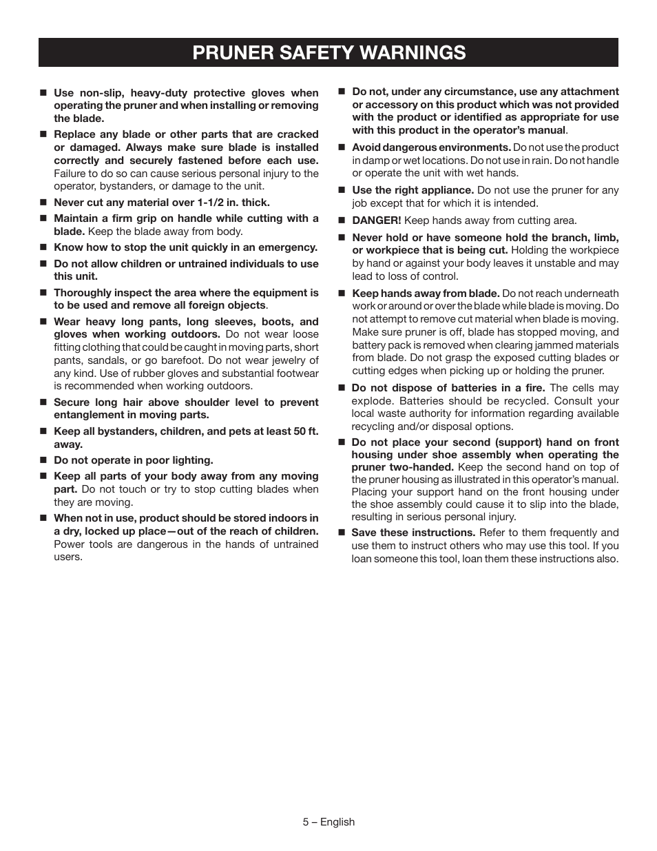 Pruner safety warnings | Ryobi P560 User Manual | Page 7 / 34