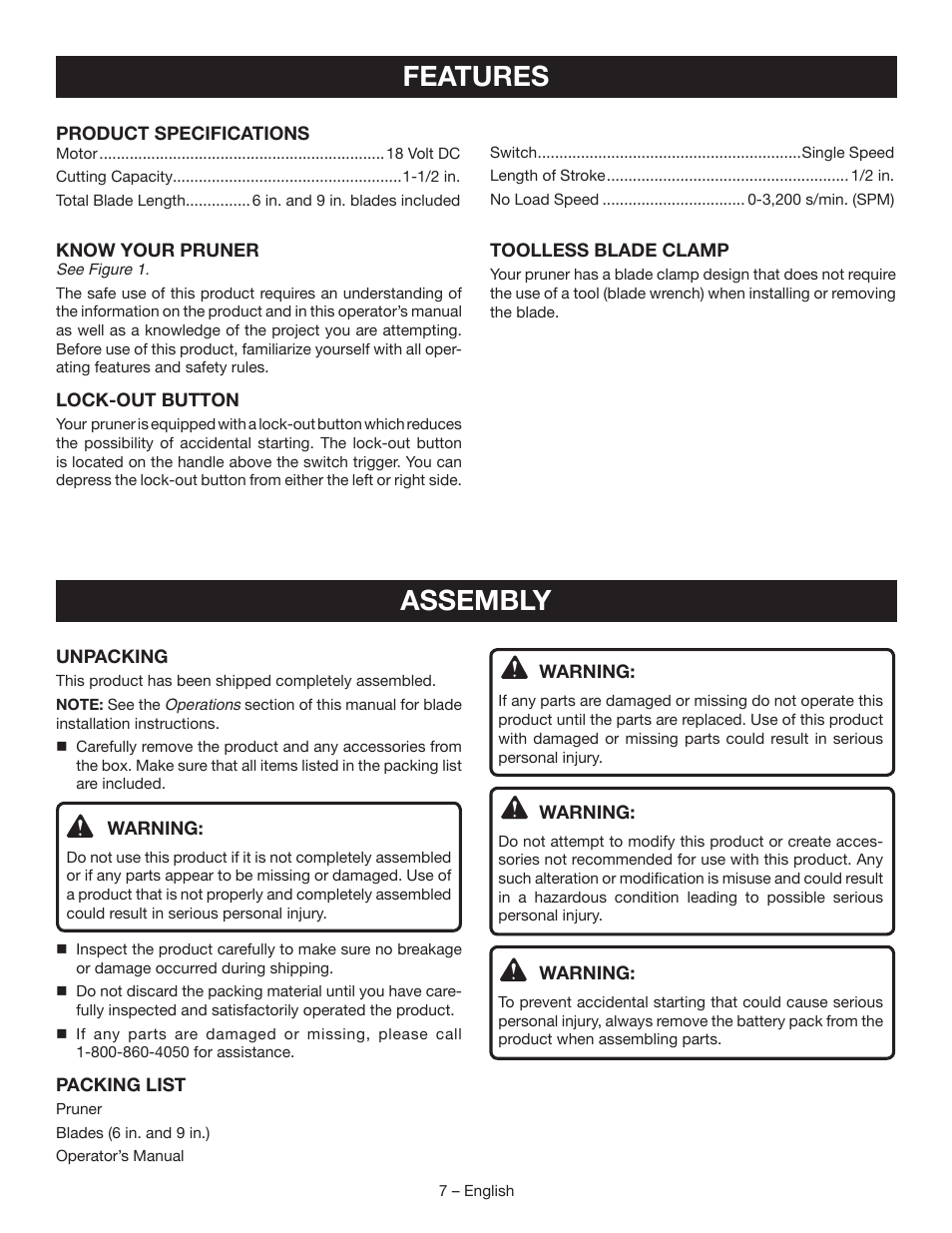 Features, Assembly | Ryobi P560 User Manual | Page 9 / 34