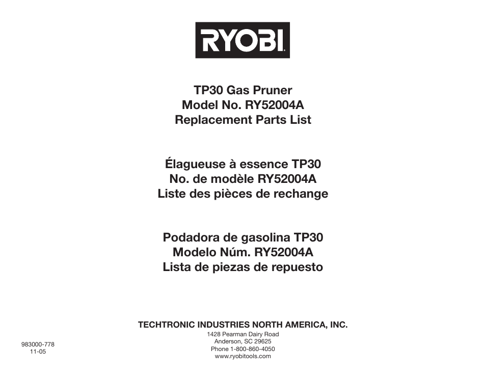 Ryobi RY52004A User Manual | 16 pages