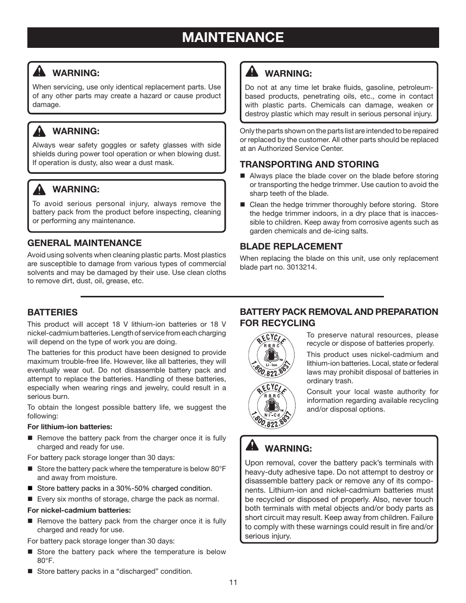 Maintenance | Ryobi P2600A User Manual | Page 11 / 16