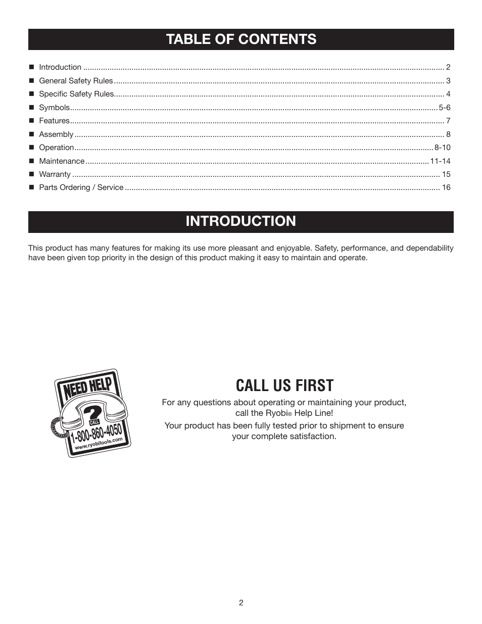 Call us first, Table of contents introduction | Ryobi P2600A User Manual | Page 2 / 16