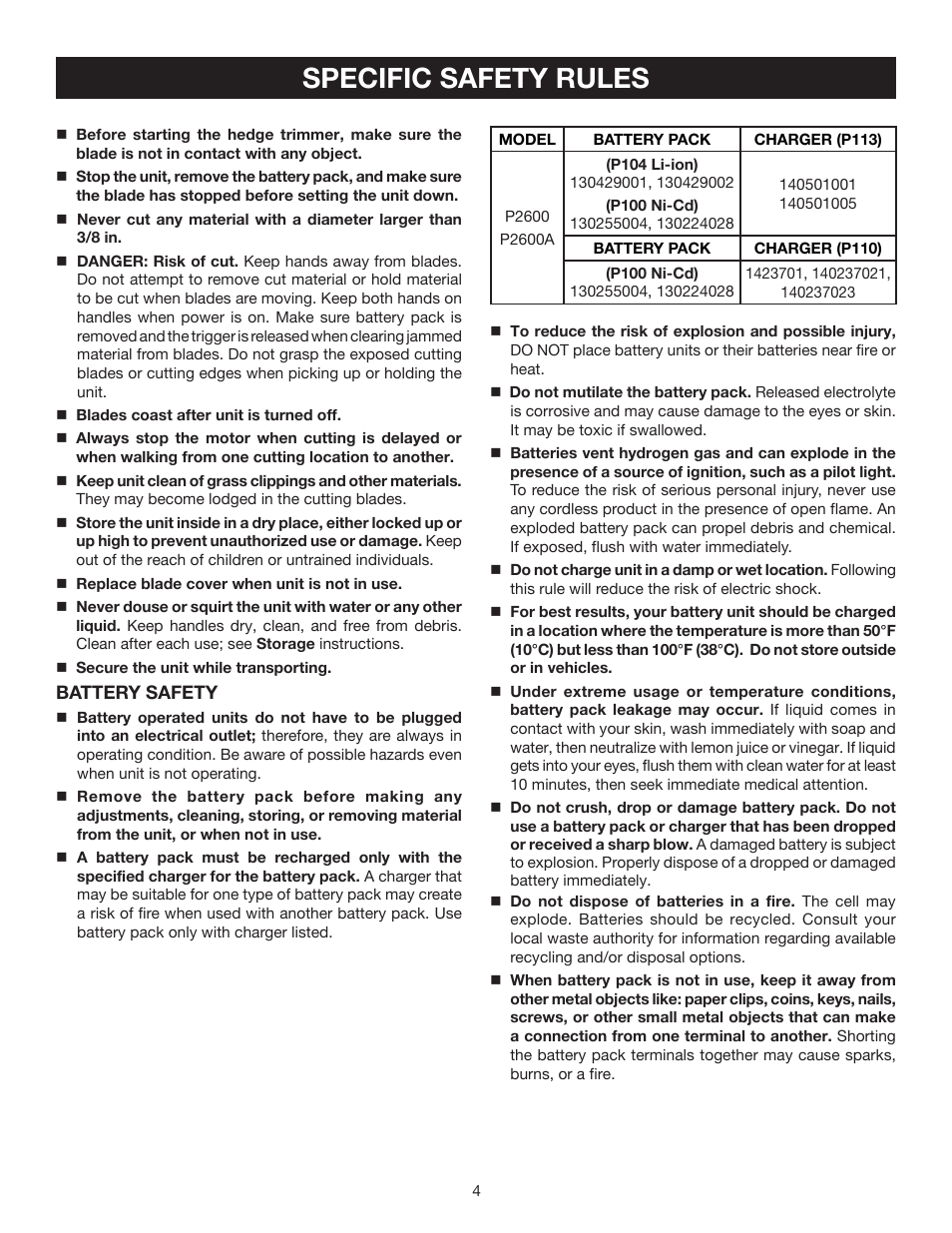 Specific safety rules | Ryobi P2600A User Manual | Page 4 / 16