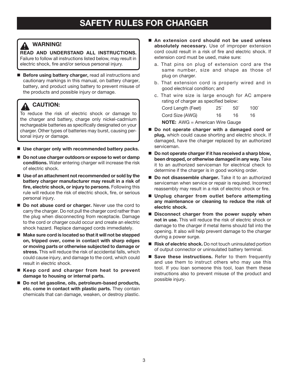 Safety rules for charger | Ryobi P120 User Manual | Page 3 / 8