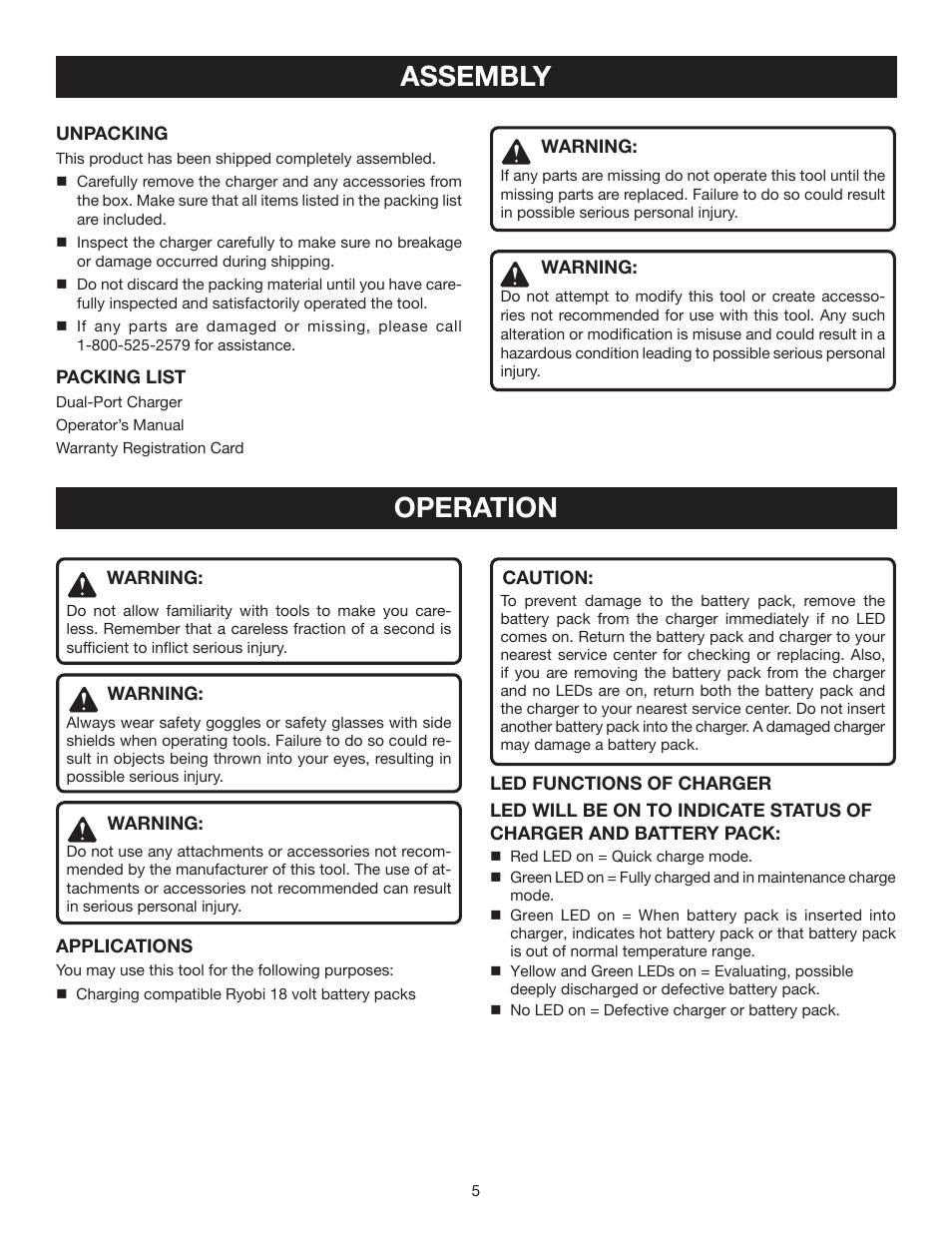 Assembly, Operation | Ryobi P120 User Manual | Page 5 / 8