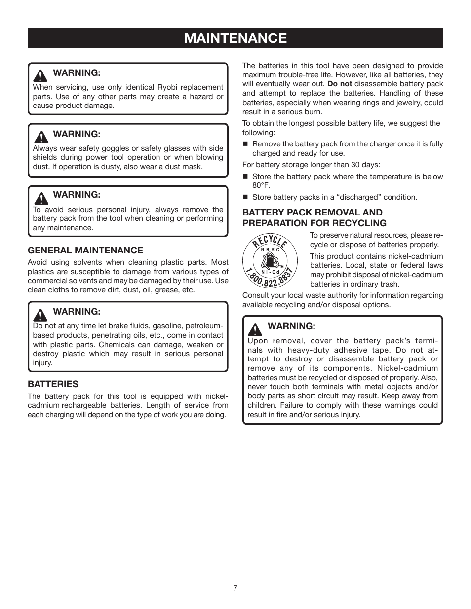 Maintenance | Ryobi P120 User Manual | Page 7 / 8