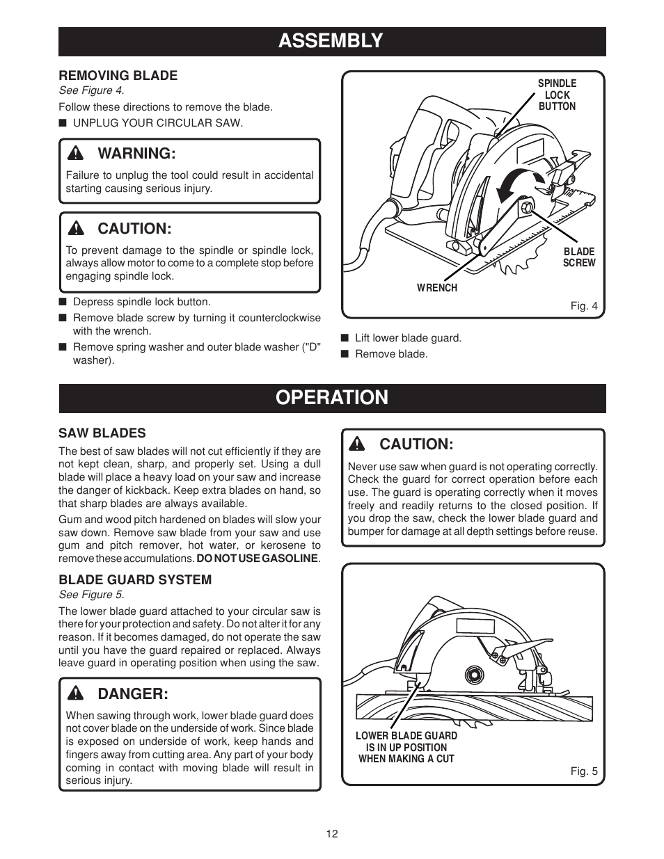 Assembly, Operation, Warning | Caution, Danger | Ryobi csb131 User Manual | Page 12 / 22