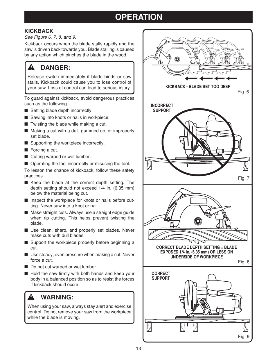 Operation, Danger, Warning | Ryobi csb131 User Manual | Page 13 / 22