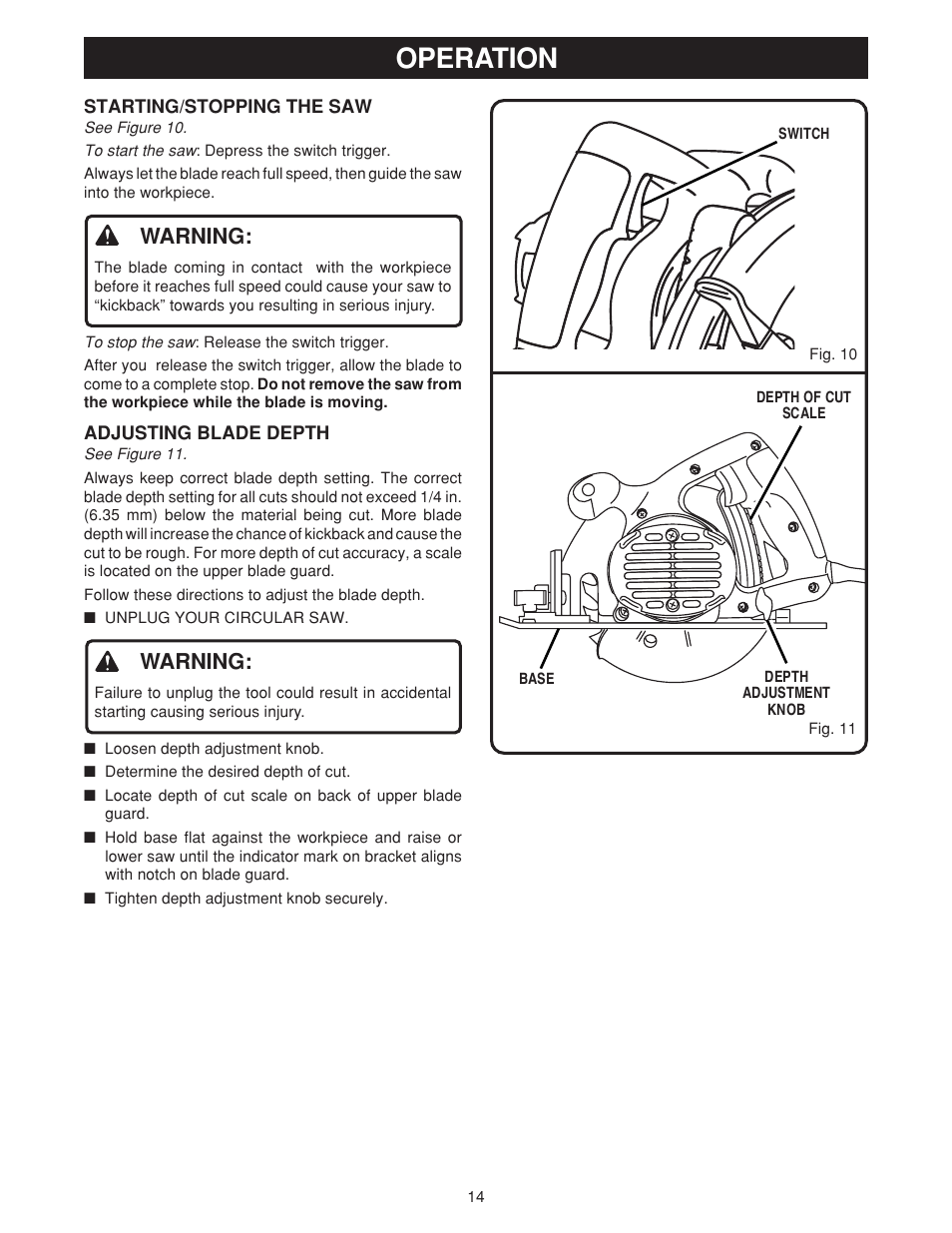 Operation, Warning | Ryobi csb131 User Manual | Page 14 / 22