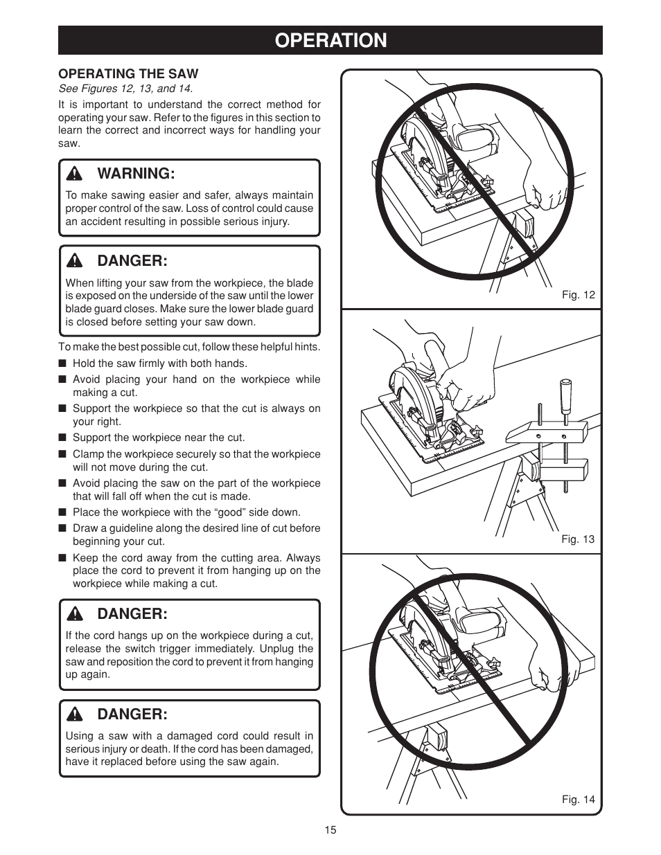 Operation, Warning, Danger | Ryobi csb131 User Manual | Page 15 / 22
