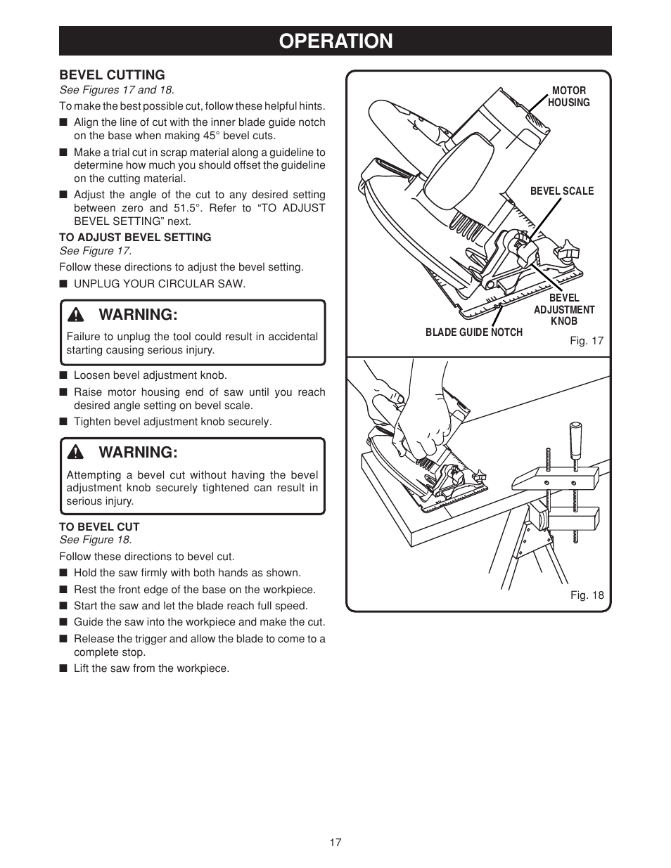 Operation, Warning | Ryobi csb131 User Manual | Page 17 / 22