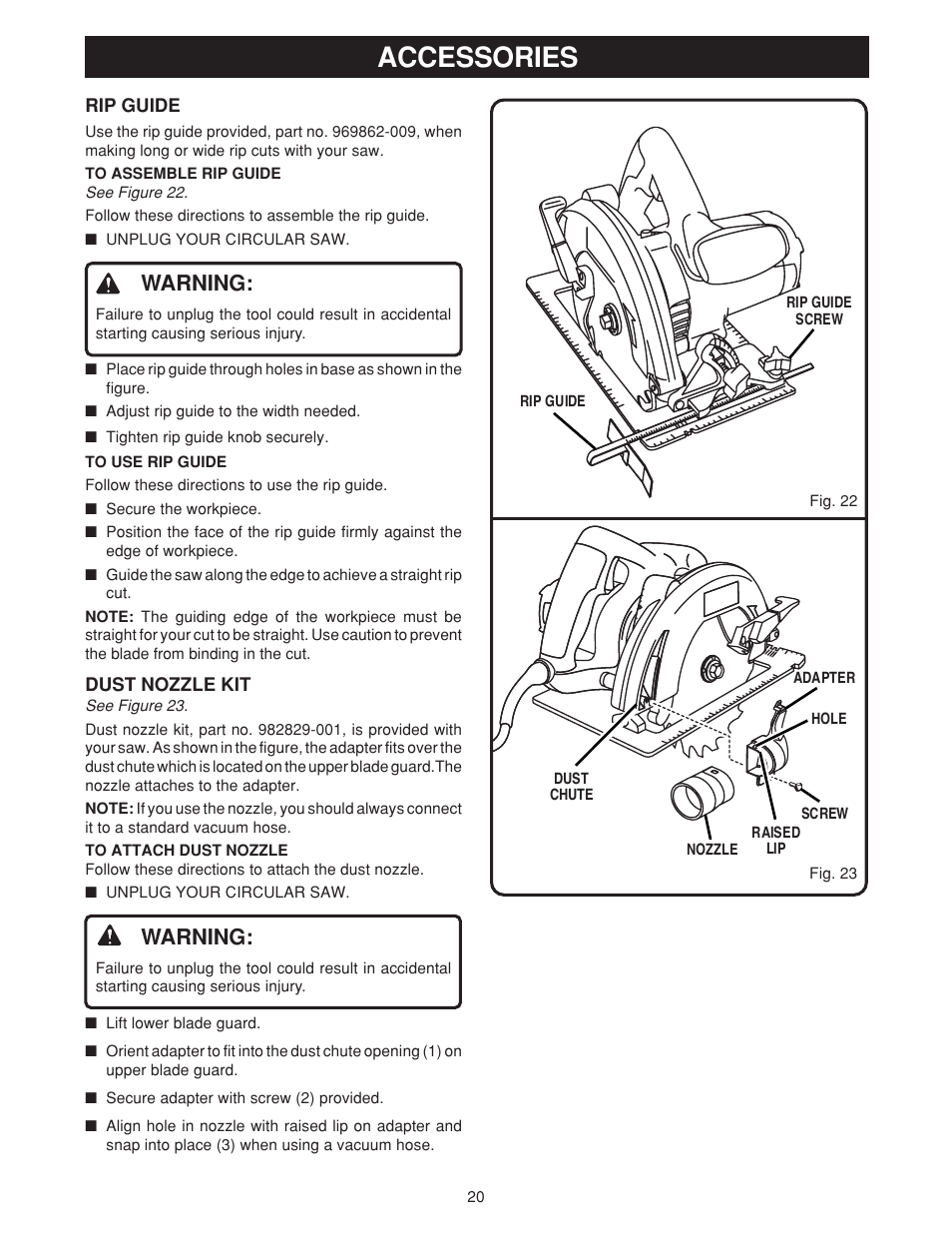 Accessories, Warning | Ryobi csb131 User Manual | Page 20 / 22