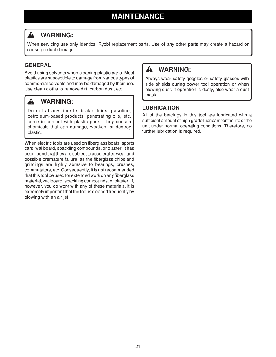 Maintenance, Warning | Ryobi csb131 User Manual | Page 21 / 22