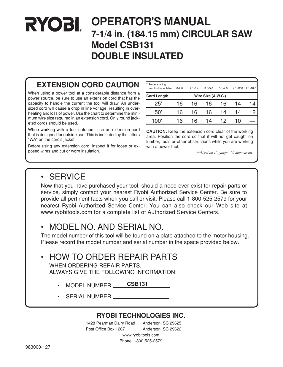 Operator's manual, Service, Model no. and serial no | How to order repair parts, Extension cord caution, Ryobi technologies inc | Ryobi csb131 User Manual | Page 22 / 22