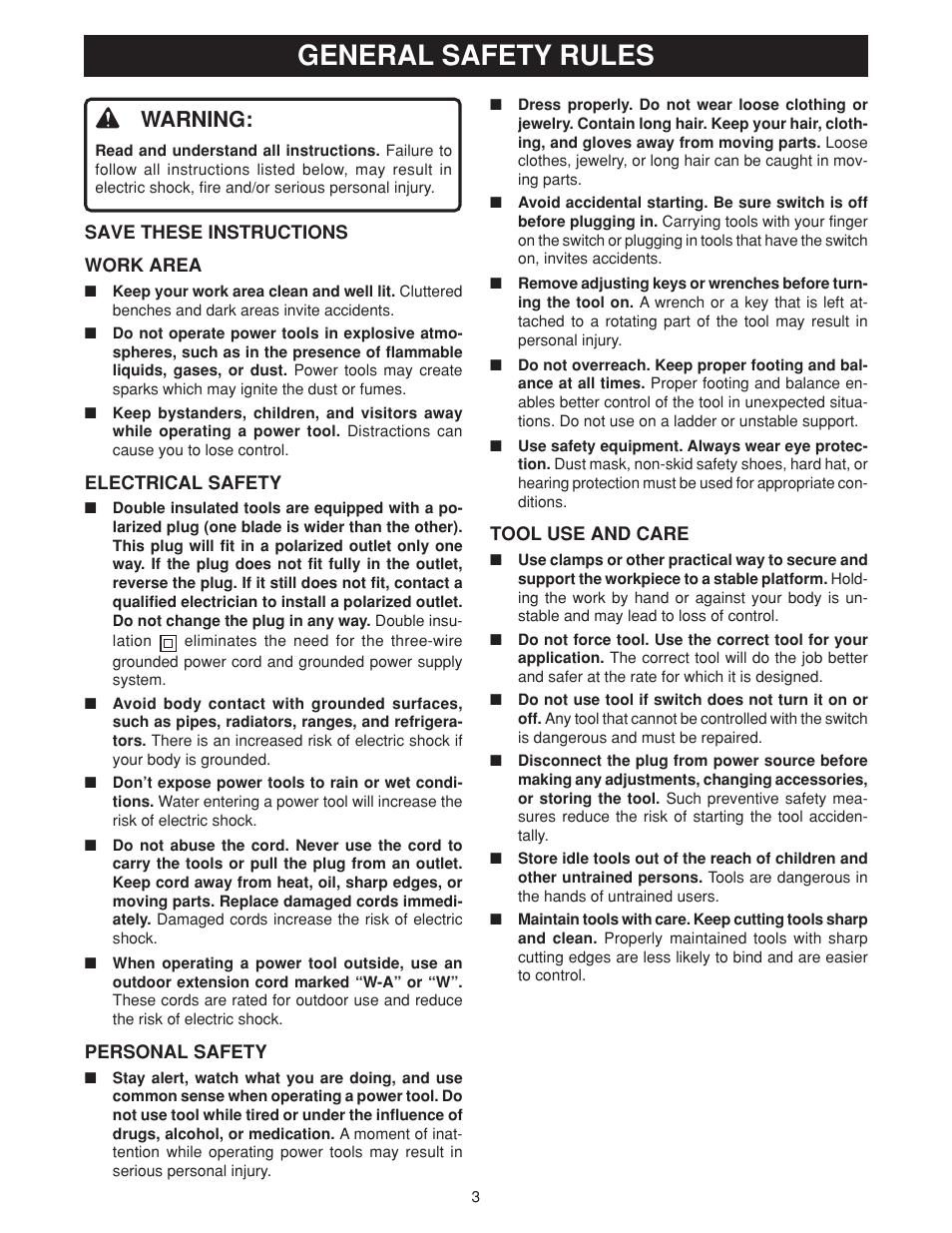 General safety rules, Warning | Ryobi csb131 User Manual | Page 3 / 22