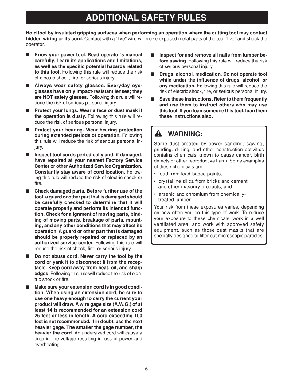 Additional safety rules, Warning | Ryobi csb131 User Manual | Page 6 / 22
