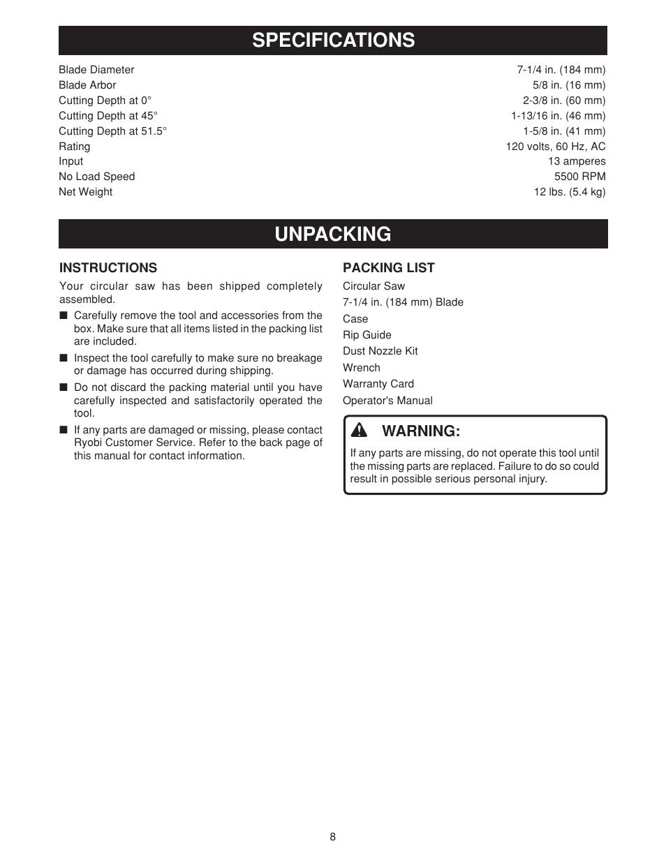 Specifications unpacking, Warning | Ryobi csb131 User Manual | Page 8 / 22