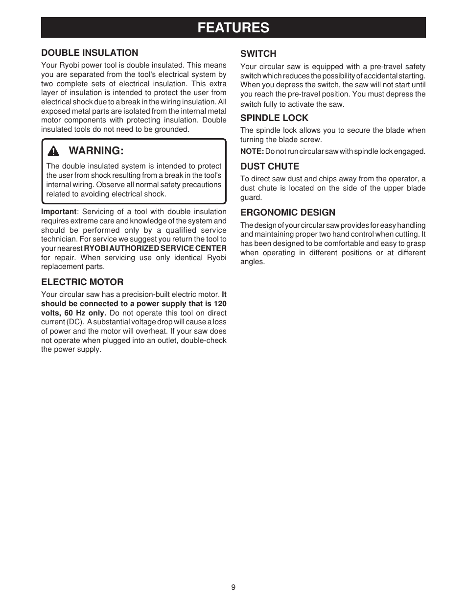 Features, Warning | Ryobi csb131 User Manual | Page 9 / 22