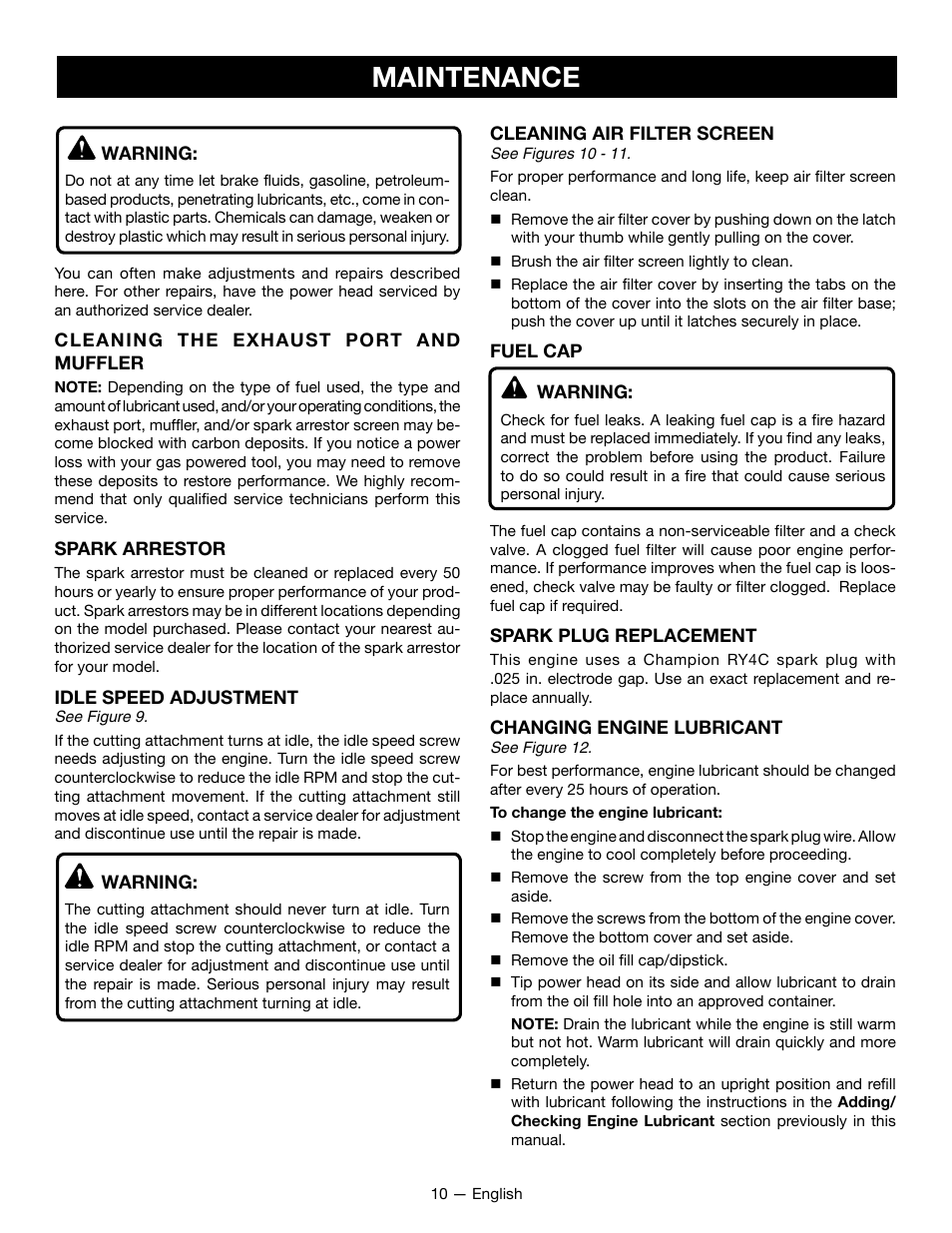 Maintenance | Ryobi RY34001 User Manual | Page 12 / 46