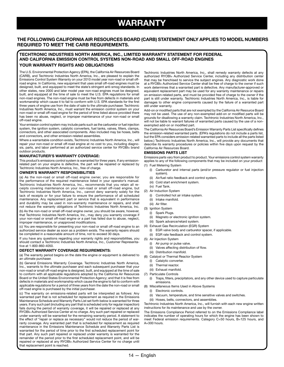 Warranty, 14 — english | Ryobi RY34001 User Manual | Page 16 / 46