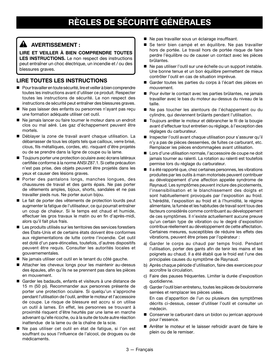 Règles de sécurité générales, Avertissement, Lire toutes les instructions | Ryobi RY34001 User Manual | Page 19 / 46