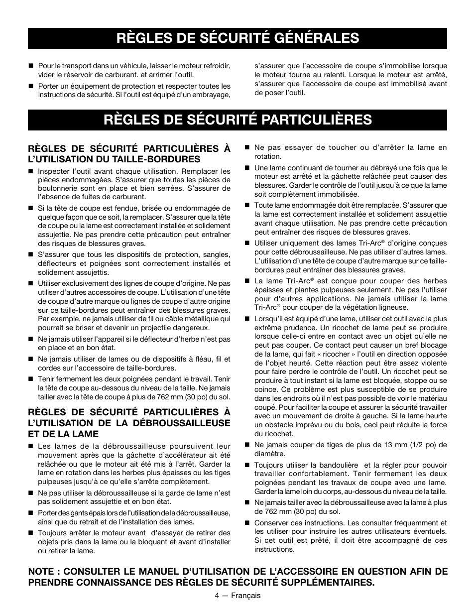 Règles de sécurité particulières, Règles de sécurité générales | Ryobi RY34001 User Manual | Page 20 / 46