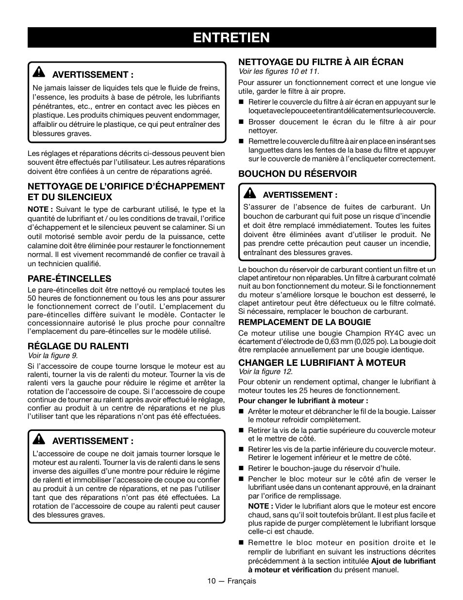 Entretien | Ryobi RY34001 User Manual | Page 26 / 46