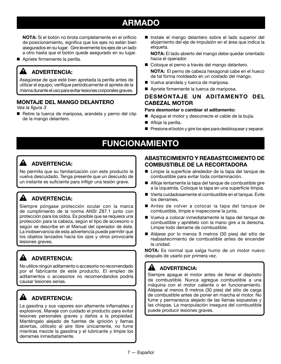 Armado, Funcionamiento | Ryobi RY34001 User Manual | Page 36 / 46