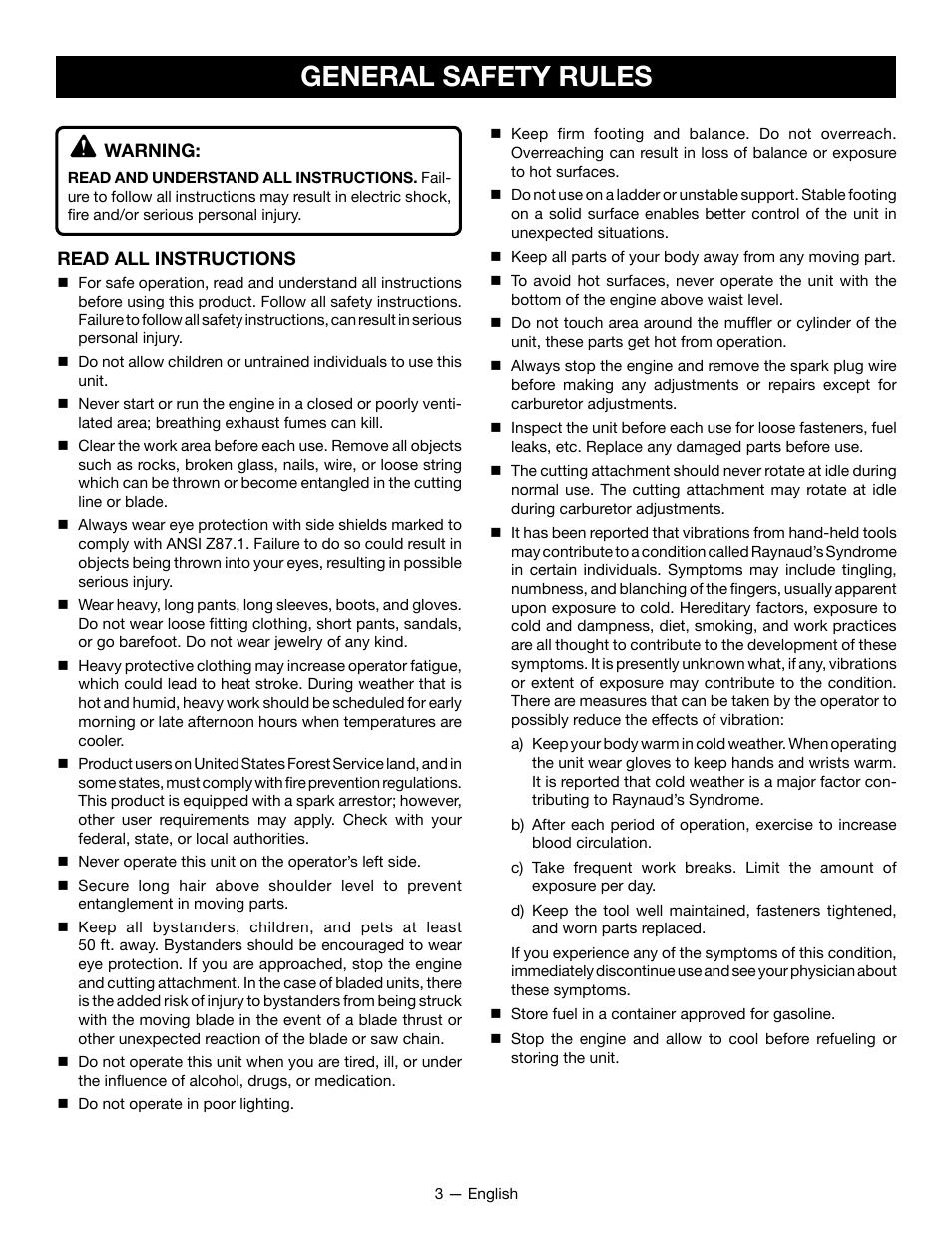 General safety rules | Ryobi RY34001 User Manual | Page 5 / 46