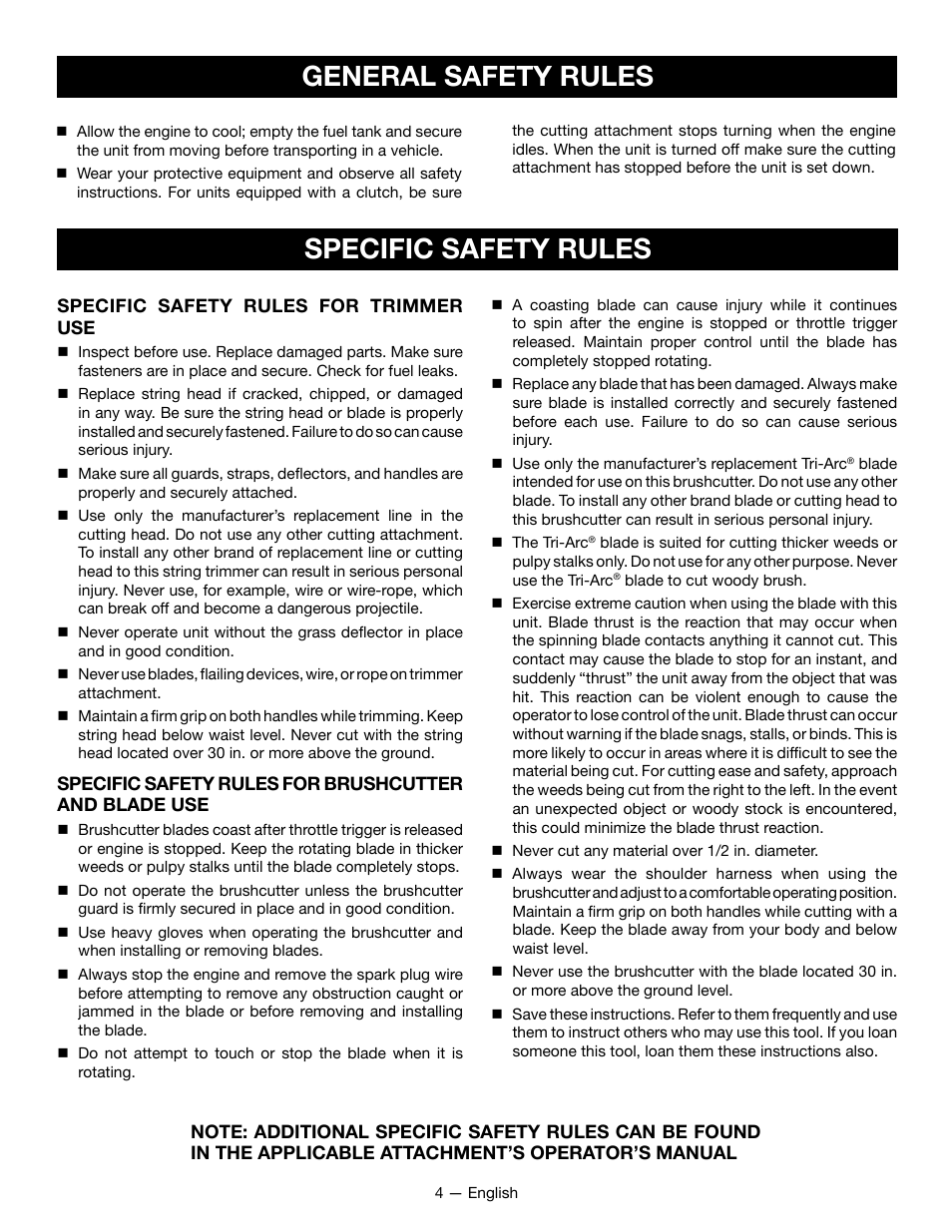 Specific safety rules, General safety rules | Ryobi RY34001 User Manual | Page 6 / 46