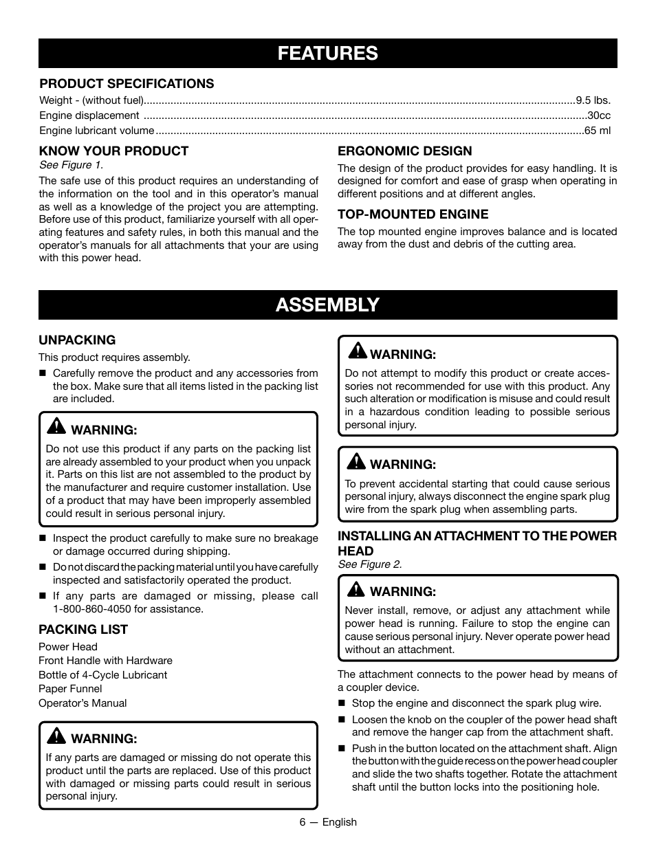 Features, Assembly | Ryobi RY34001 User Manual | Page 8 / 46