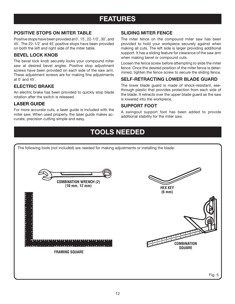 Features, Tools needed | Ryobi TS1353DXL User Manual | Page 12 / 32