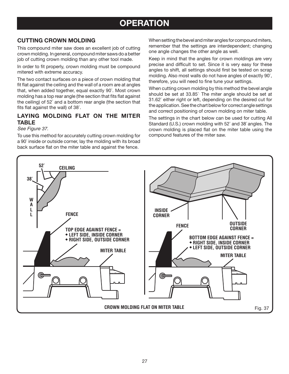 Operation, Cutting crown molding, Laying molding flat on the miter table | Ryobi TS1353DXL User Manual | Page 27 / 32