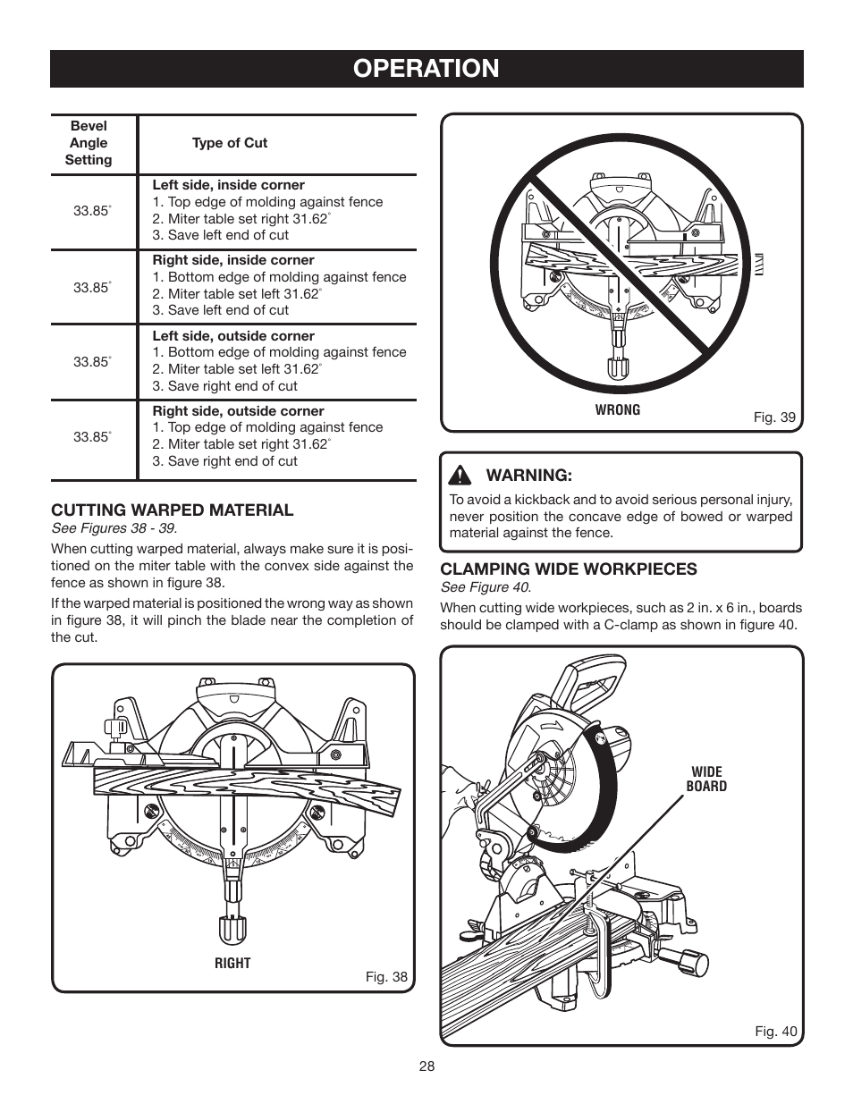 Operation, Warning, Clamping wide workpieces | Cutting warped material | Ryobi TS1353DXL User Manual | Page 28 / 32