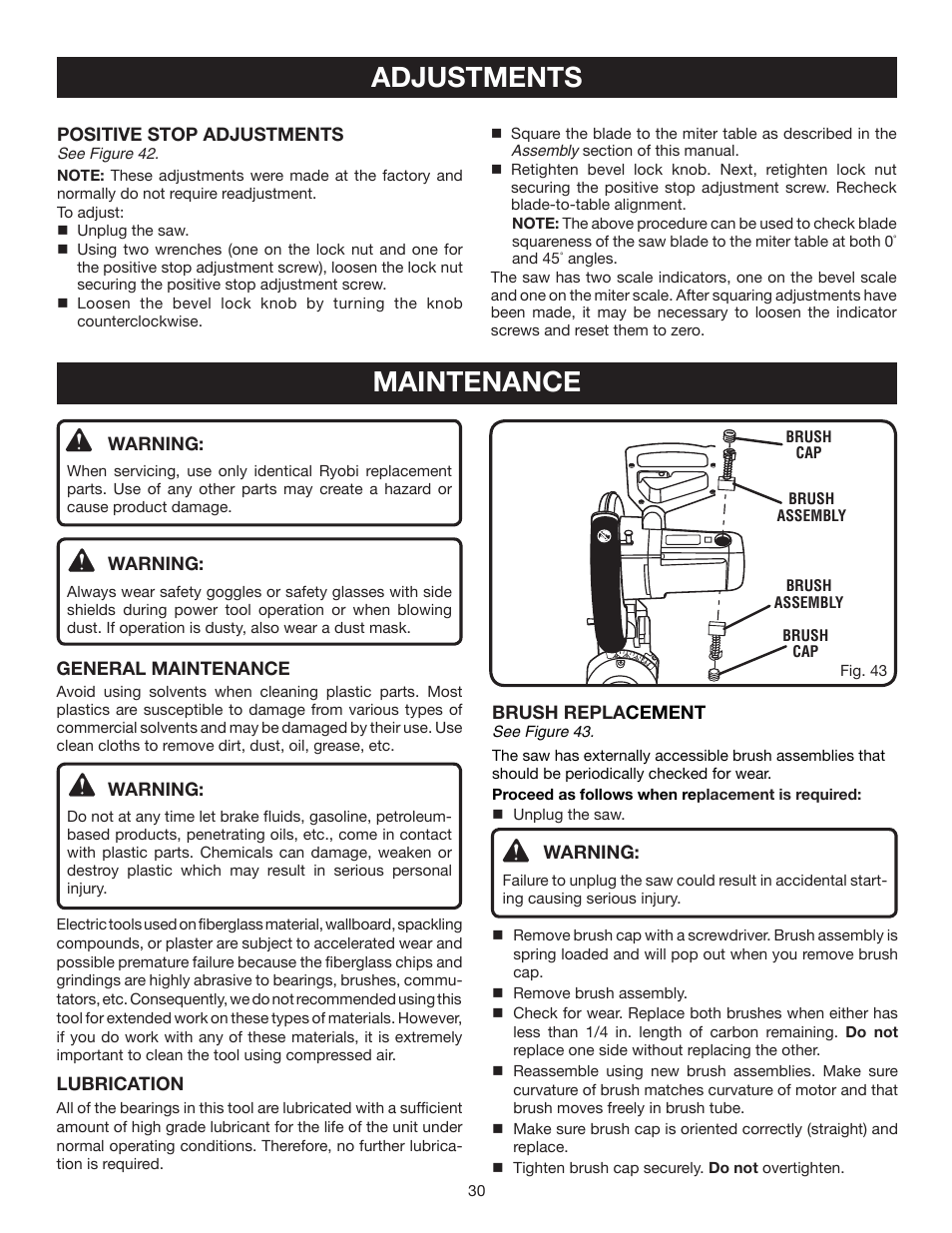 Maintenance, Adjustments | Ryobi TS1353DXL User Manual | Page 30 / 32