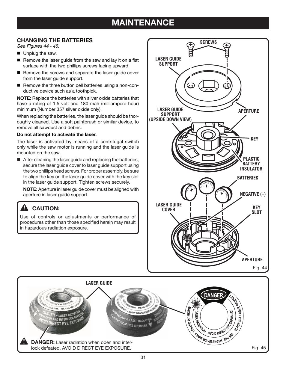 Maintenance, Changing th e batteries, Caution | Danger | Ryobi TS1353DXL User Manual | Page 31 / 32