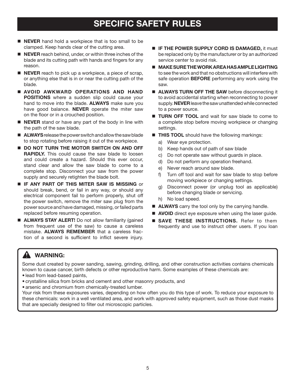Specific safety rules | Ryobi TS1353DXL User Manual | Page 5 / 32