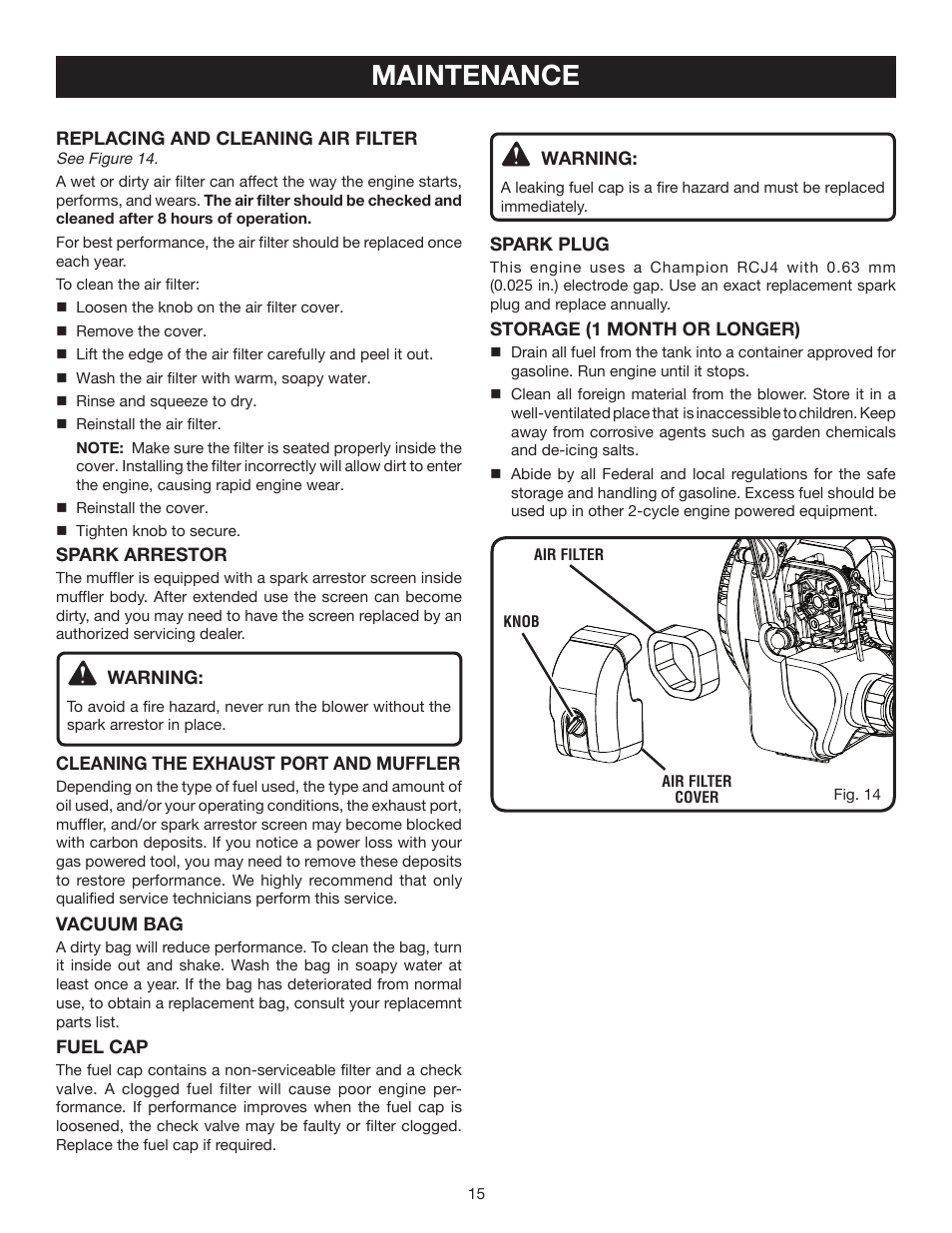 Maintenance | Ryobi RY08510 User Manual | Page 15 / 20