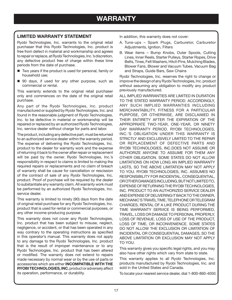 Warranty | Ryobi RY08510 User Manual | Page 17 / 20