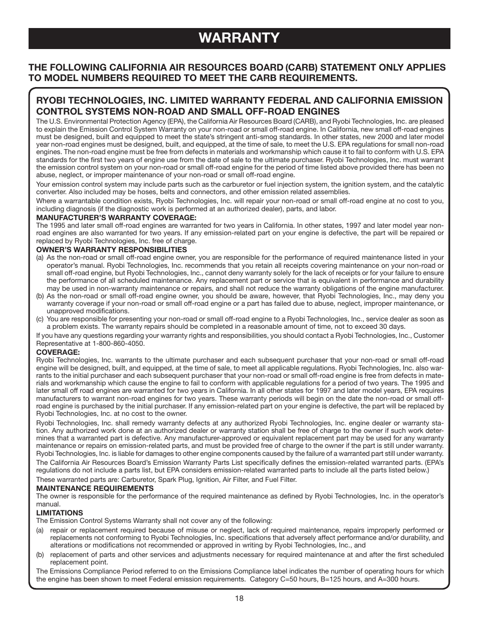 Warranty, The following california air resources board | Ryobi RY08510 User Manual | Page 18 / 20