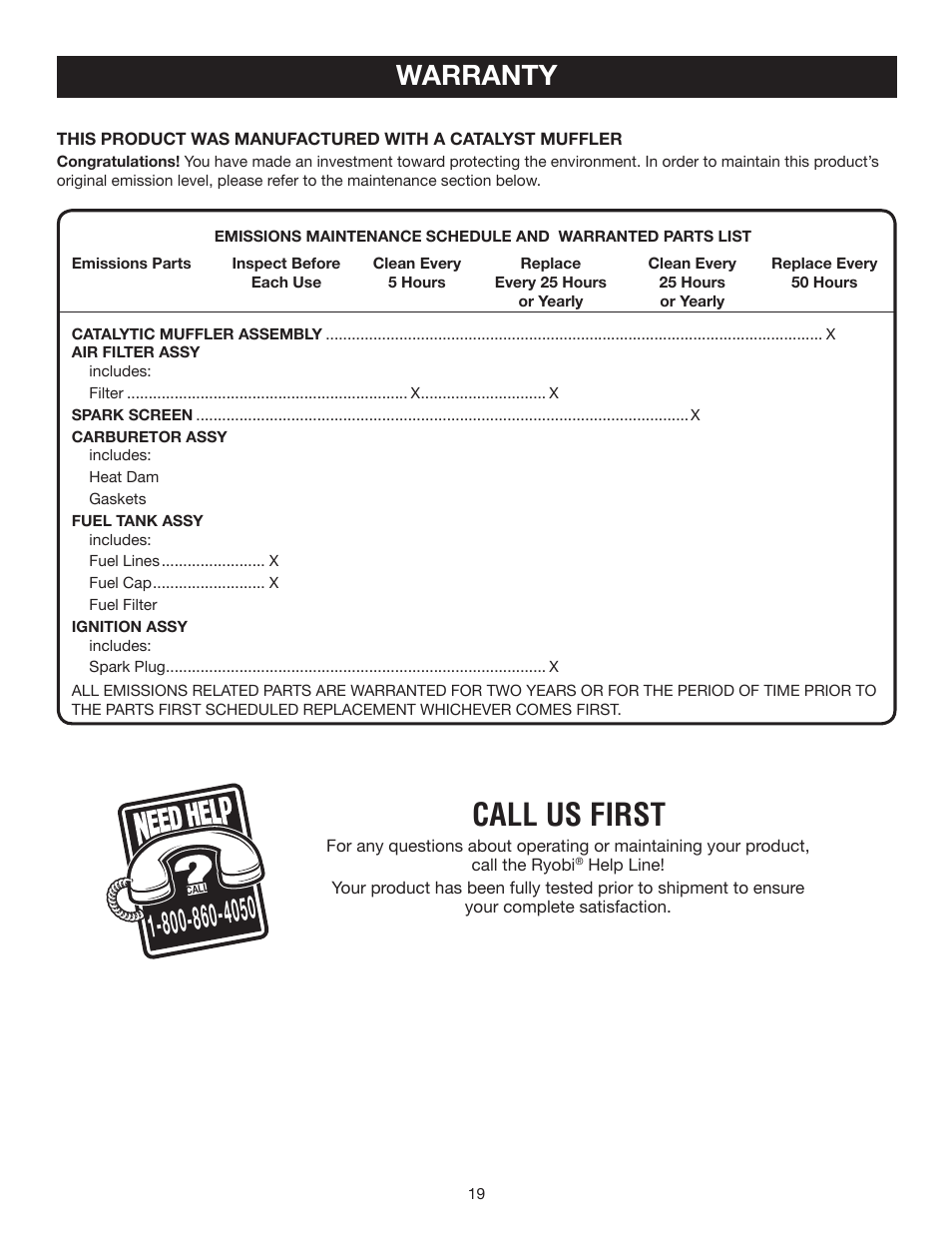 Call us first, Warranty | Ryobi RY08510 User Manual | Page 19 / 20