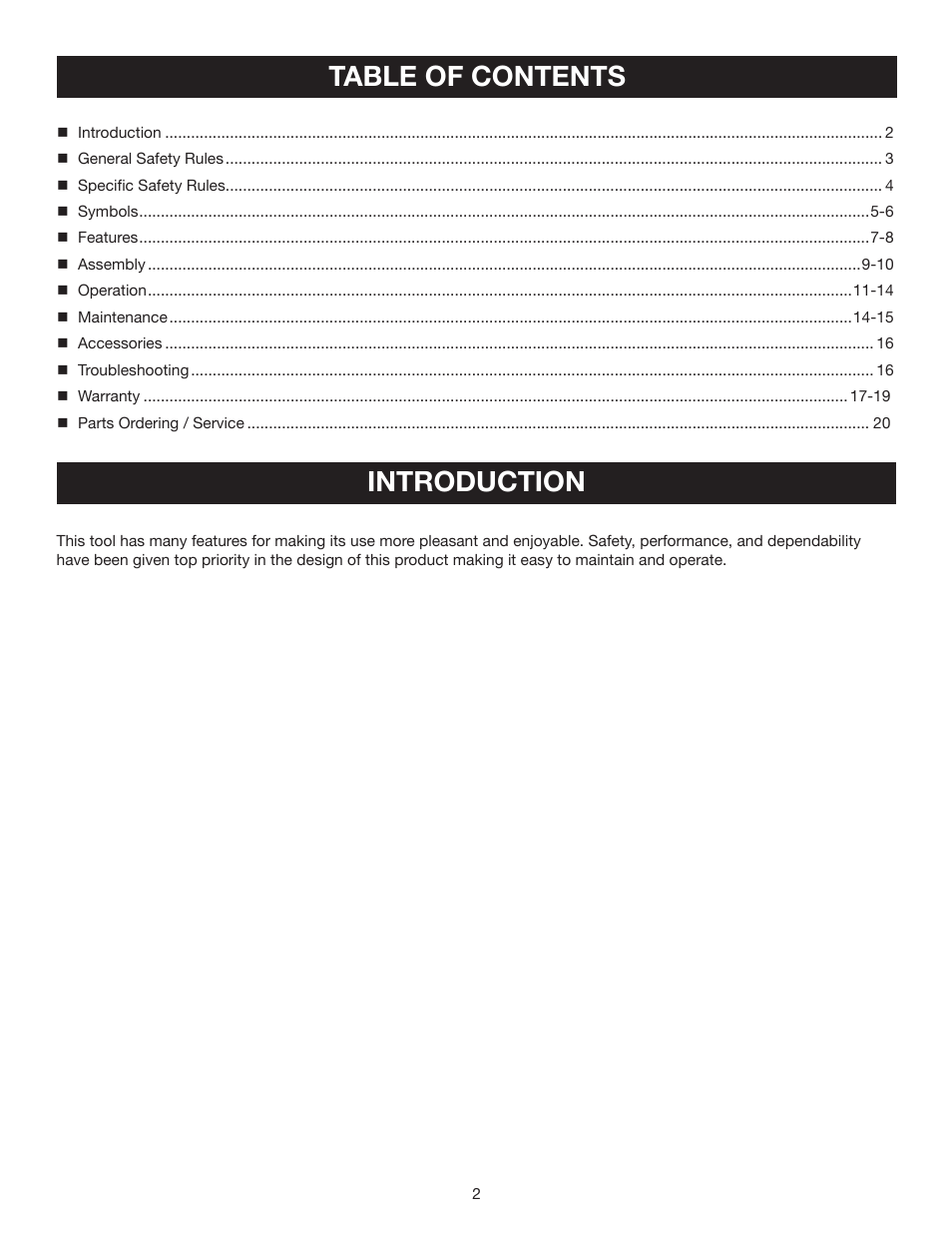 Table of contents introduction | Ryobi RY08510 User Manual | Page 2 / 20