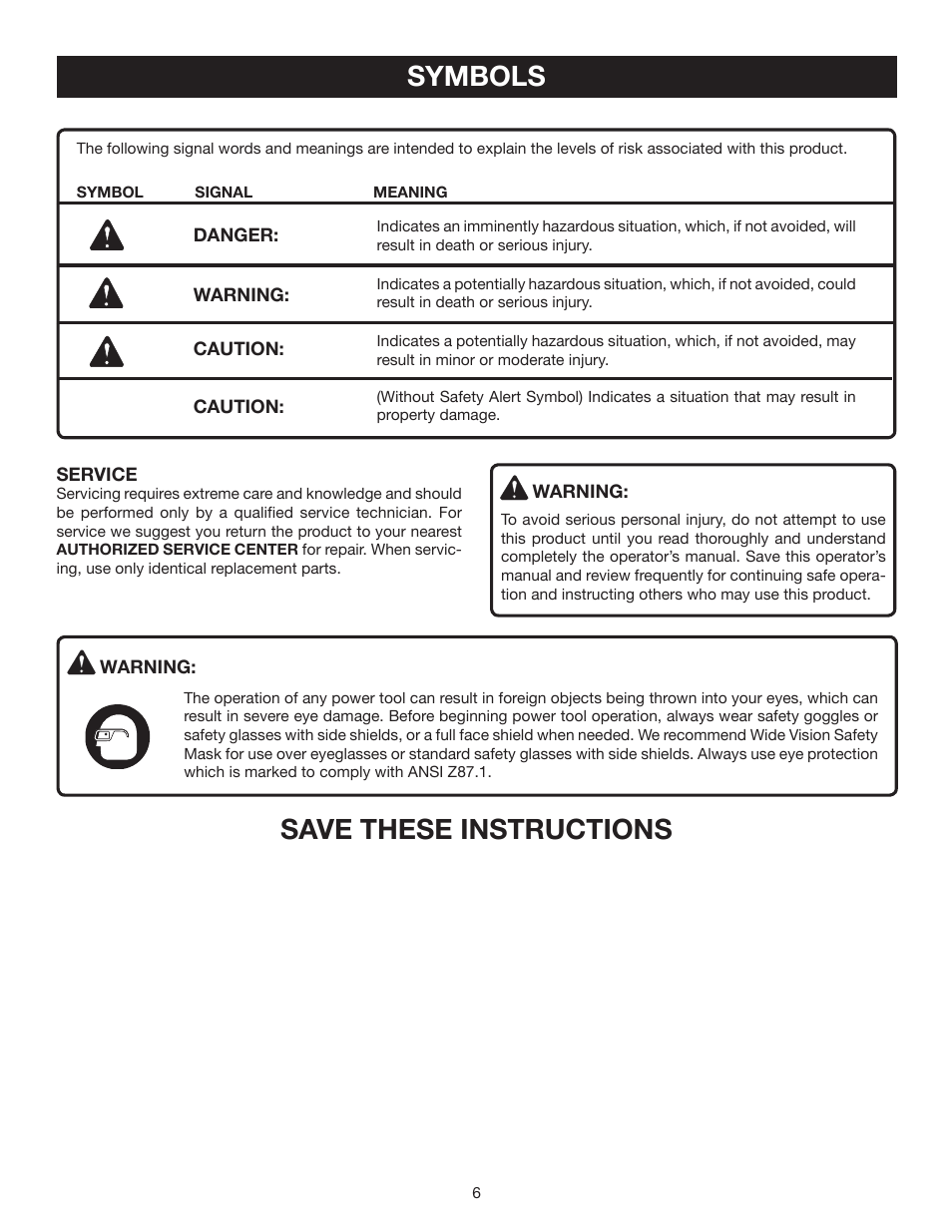 Symbols, Save these instructions | Ryobi RY08510 User Manual | Page 6 / 20