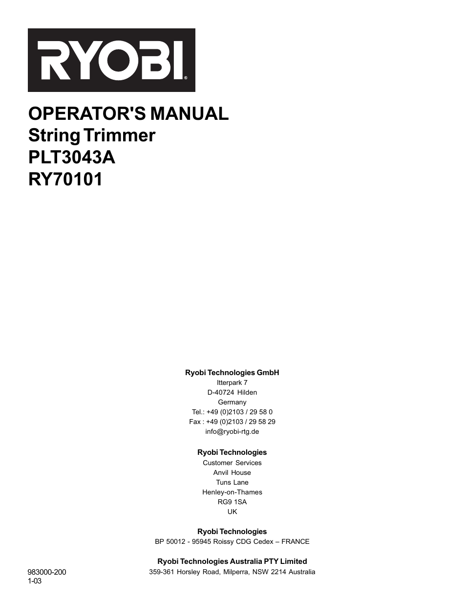 Ryobi PLT3043A User Manual | Page 18 / 18