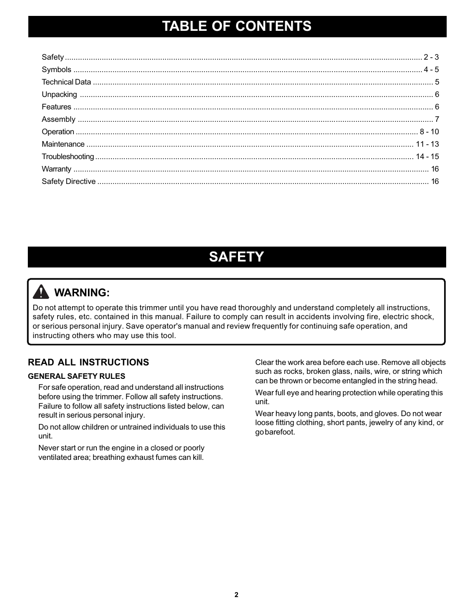 Table of contents safety, Warning | Ryobi PLT3043A User Manual | Page 2 / 18