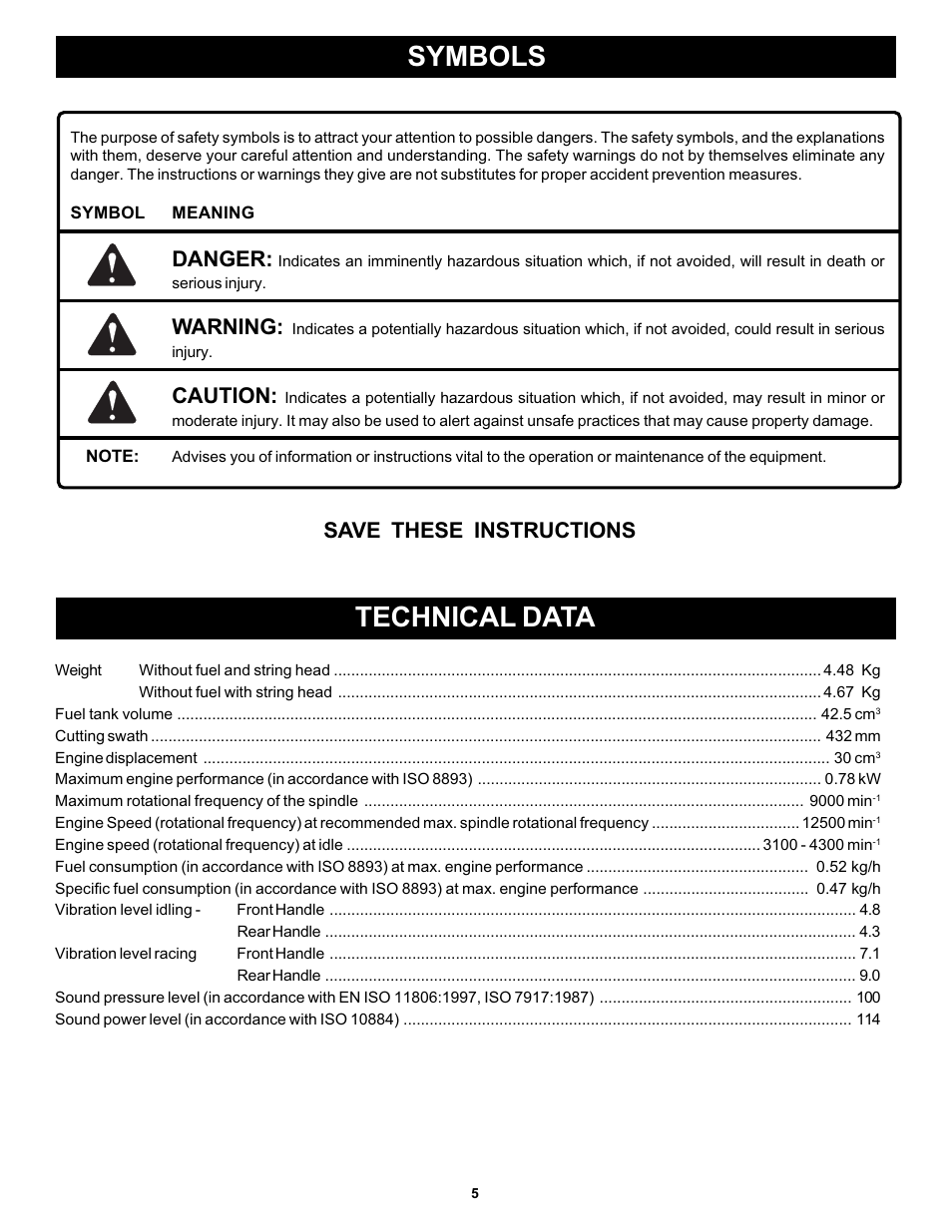 Symbols, Technical data, Danger | Warning, Caution, Save these instructions | Ryobi PLT3043A User Manual | Page 5 / 18